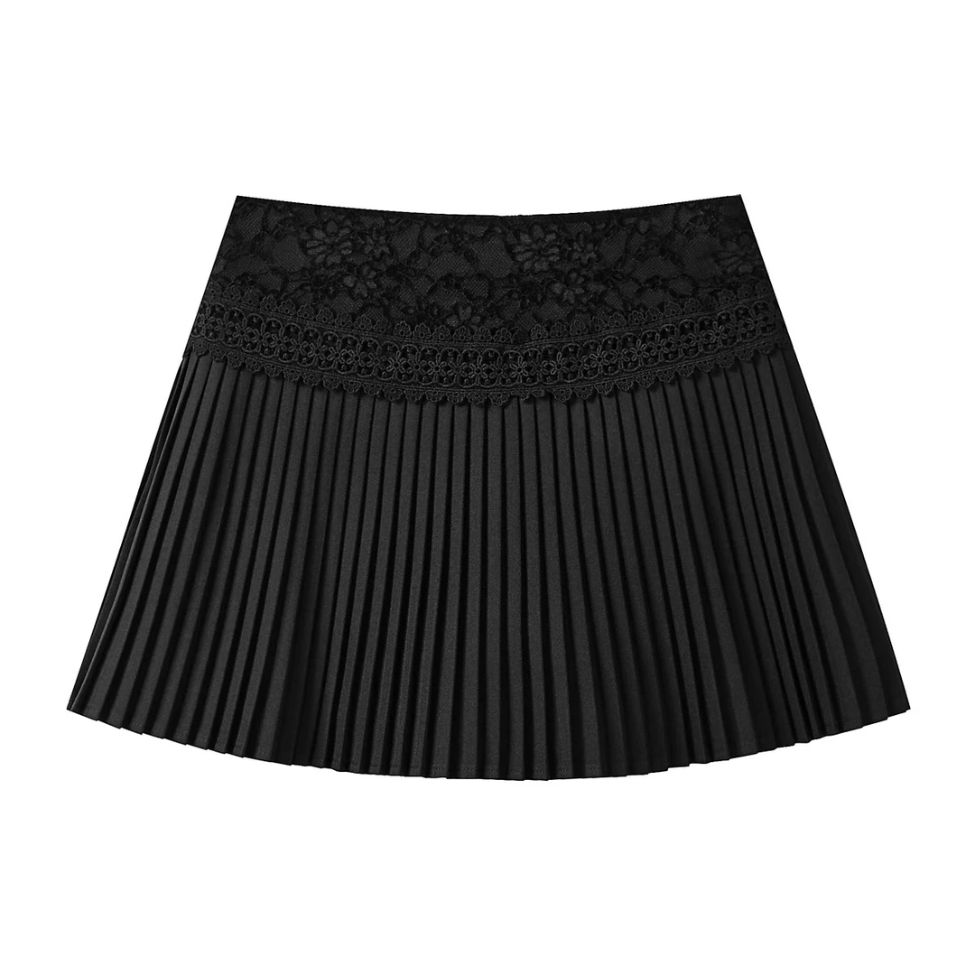 【现现】纯色气质高腰蕾丝拼接半身裙百搭a字百褶短裙Y50348577