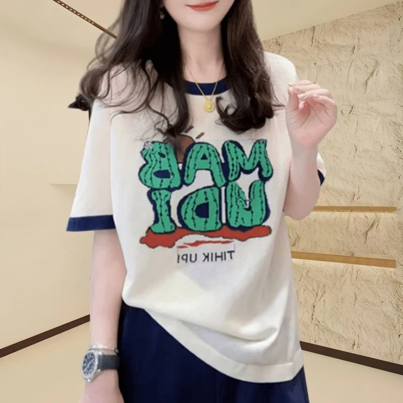 【仙人掌字母】百搭设计感字母夏款针织衫撞色宽松圆领女士短袖上衣