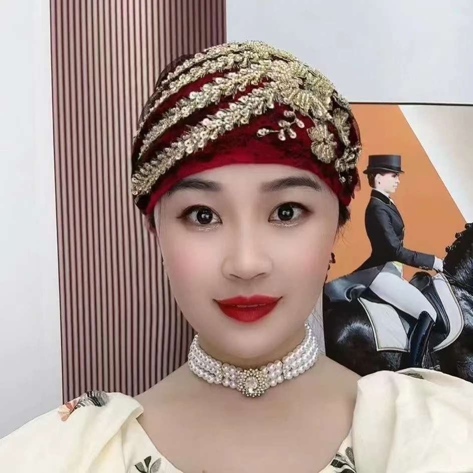 XS【妈妈最爱】凤尾花发带帽子时尚款带后花包打底帽薄款蕾丝包头帽