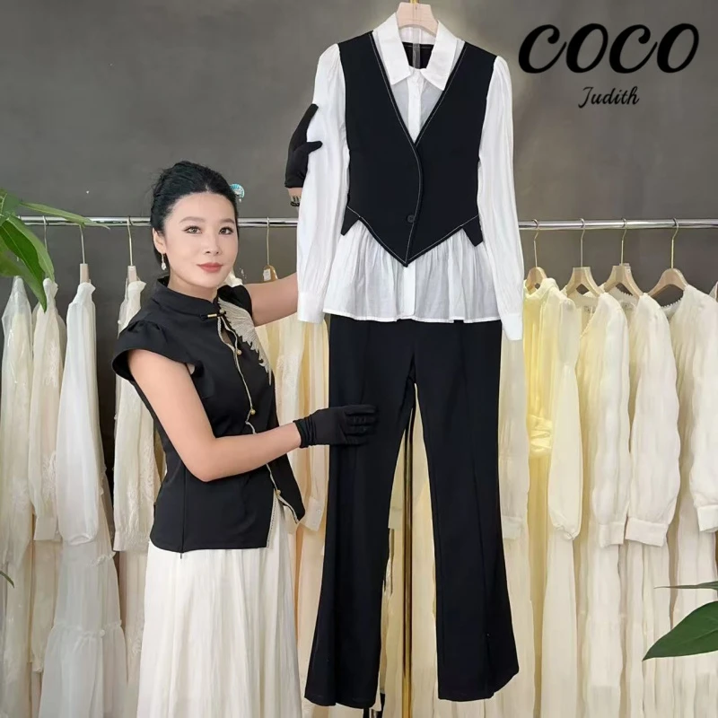 【两件套】2025秋季法式修身长袖气质上衣+休闲裤时尚套装M755