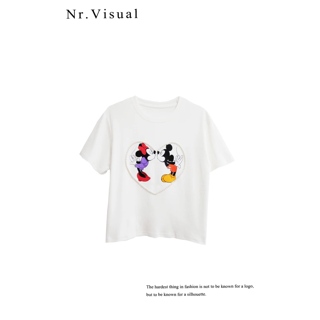 「小九NR」韩版趣味卡通印花钉珠宽松时尚百搭短袖T恤