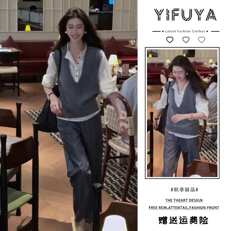 韩系独特漂亮灰色针织马甲衬衫裤子三件套装女2025秋装搭配一整套