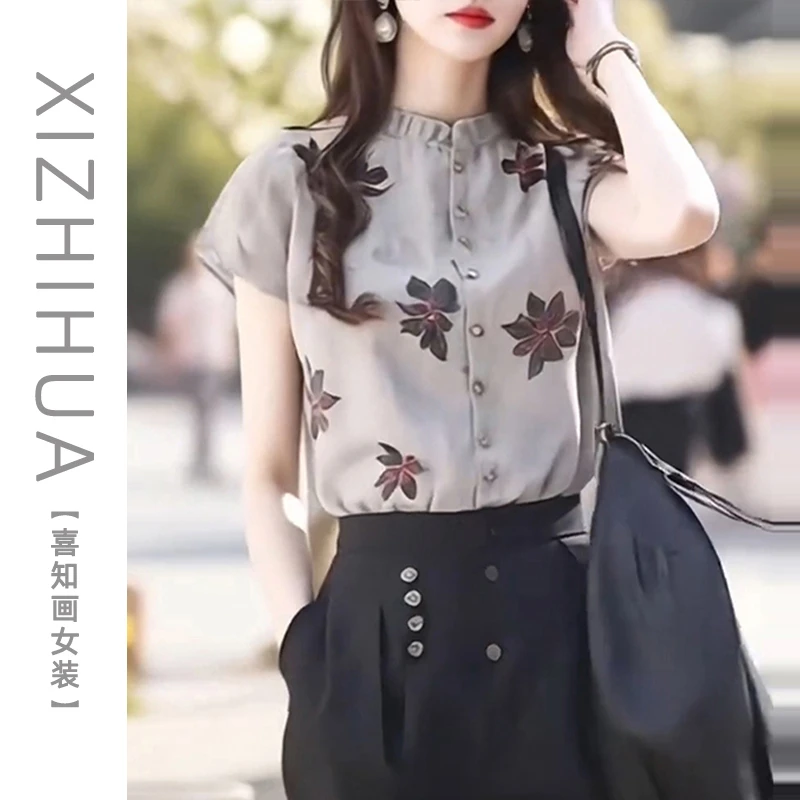 夏季新款洋气衬衫女高级感复古印花透气短袖衬衣显瘦时髦别致上衣
