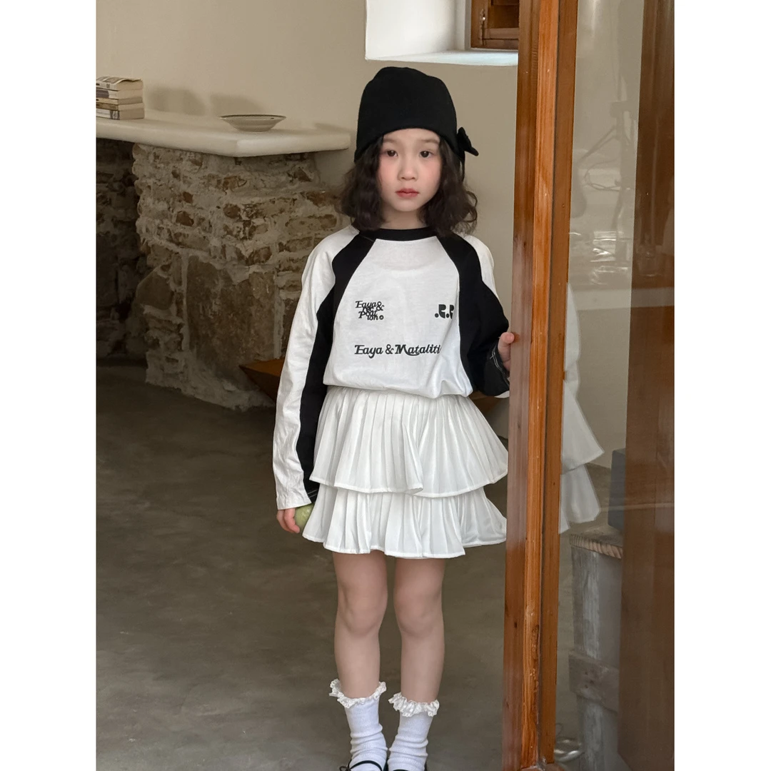 童套装2025春款女宝宝韩版撞色字母两件套儿童宽松休闲百褶半身裙