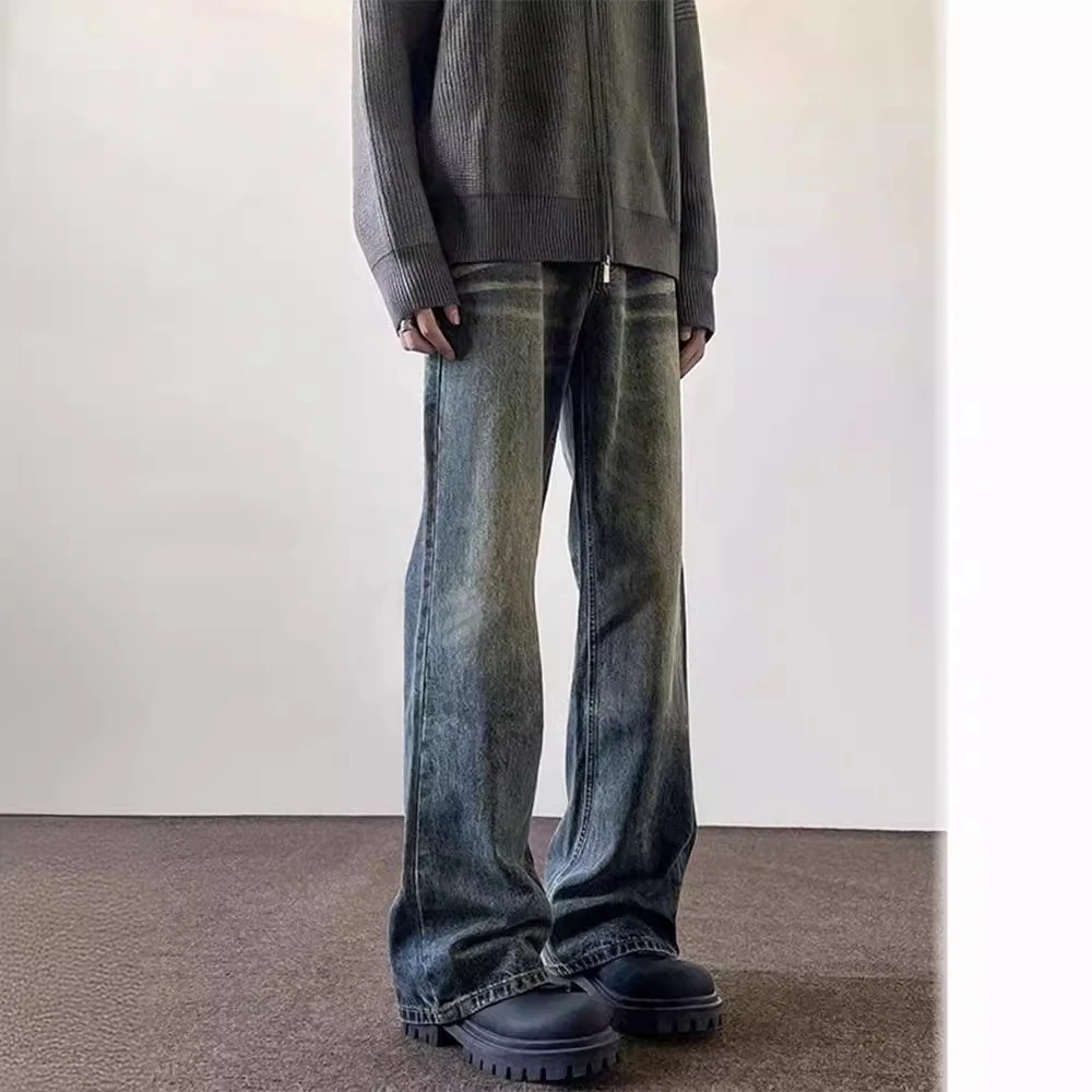 高街水洗做旧牛仔裤男美式复古cleanfit微喇裤潮牌直筒显瘦长裤子