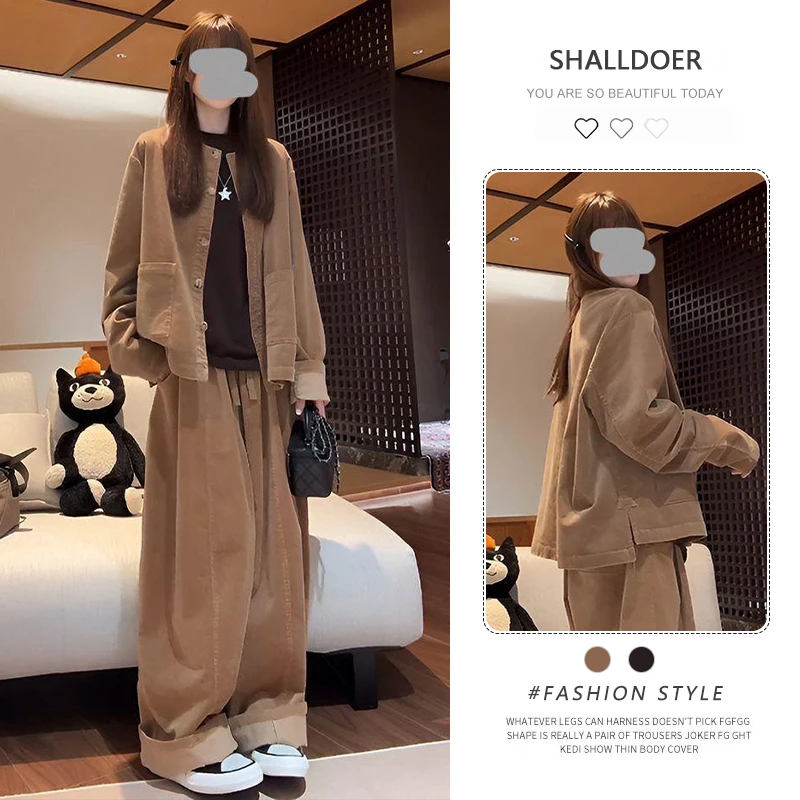 韩系一整套穿搭女2025年秋季新款纯色圆领设计感长袖+休闲裤套装
