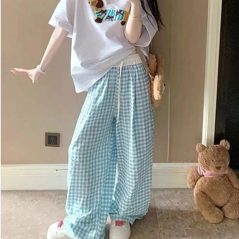 撞色格子阔腿裤女夏季2025新款高腰宽松休闲ins高腰垂感拖地裤子