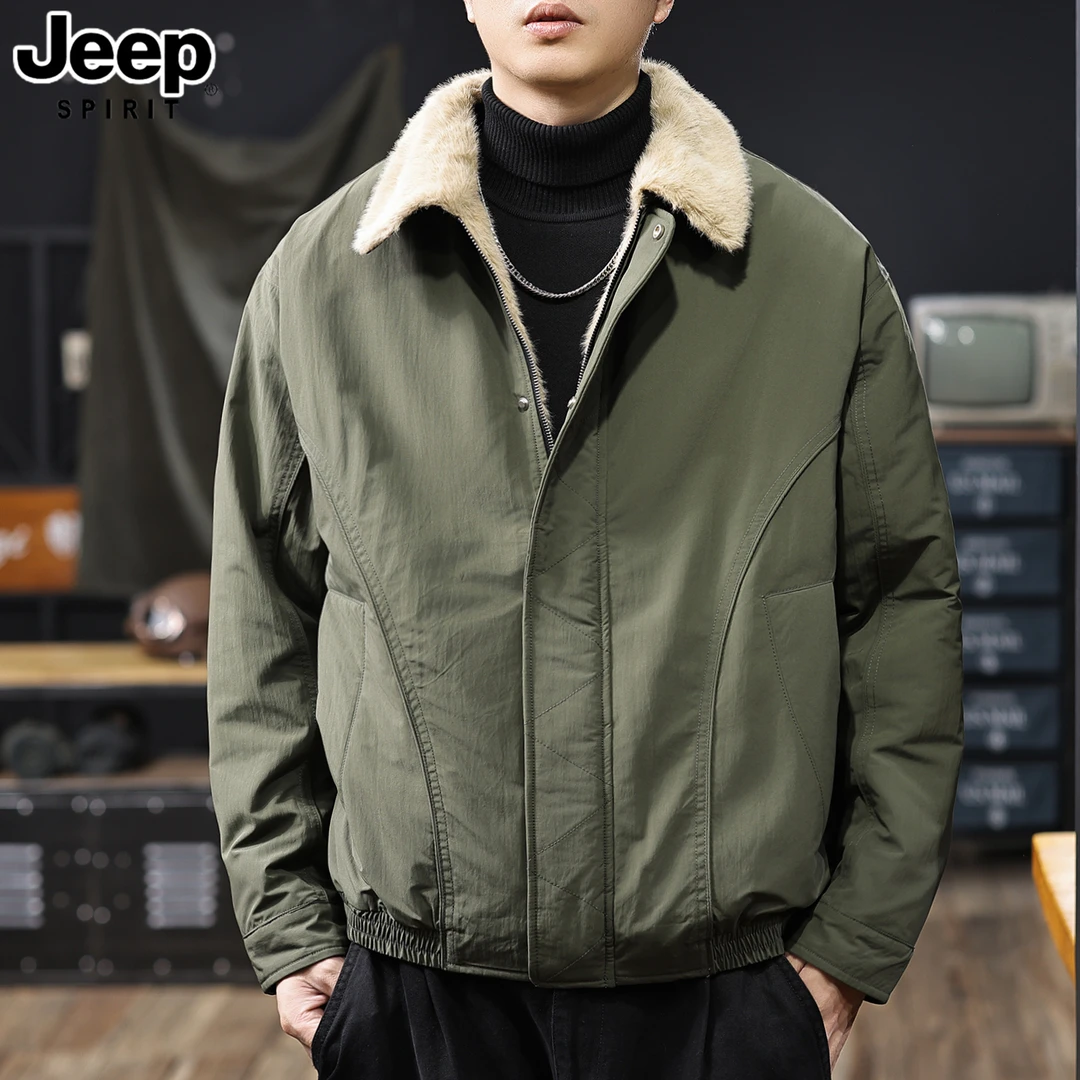 JEEPSPIRIT吉普美式复古工装夹克男冬季新款加绒保暖毛领棉服外套