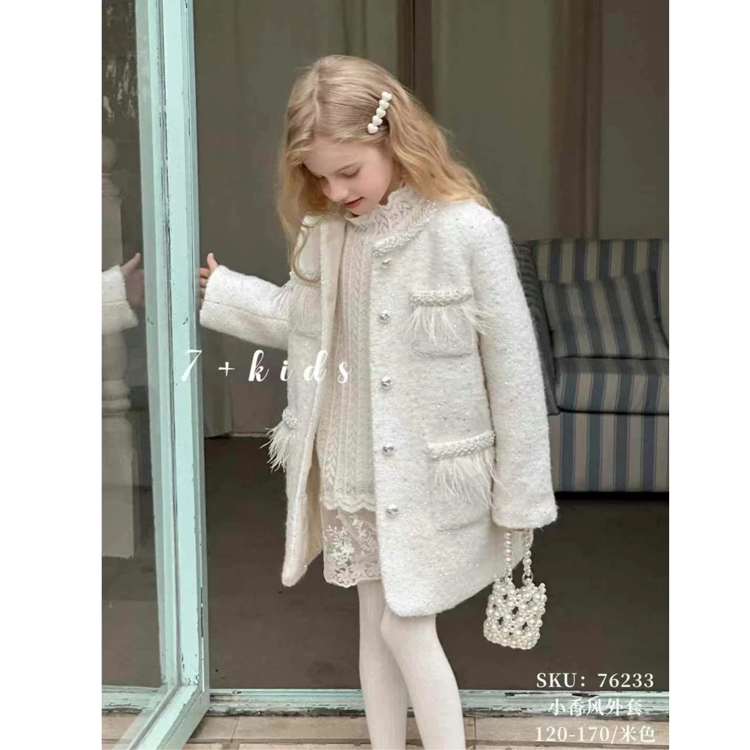 羽绒!名媛~韩版女童装儿童中大童冬季小香风粗呢中长款大衣外套