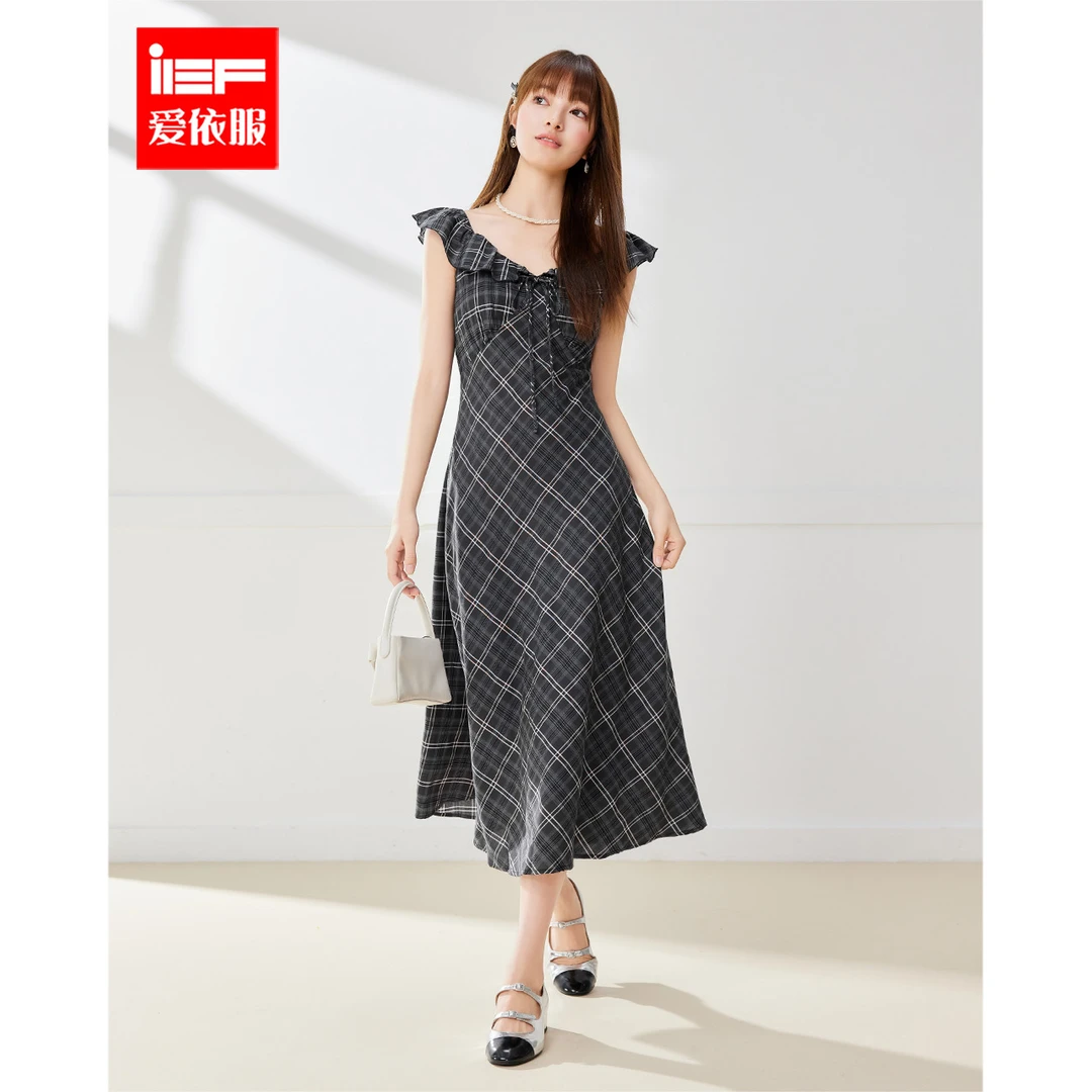 IEF/爱依服连衣裙2025夏季新款通勤性感纯欲女格子收腰背心长裙