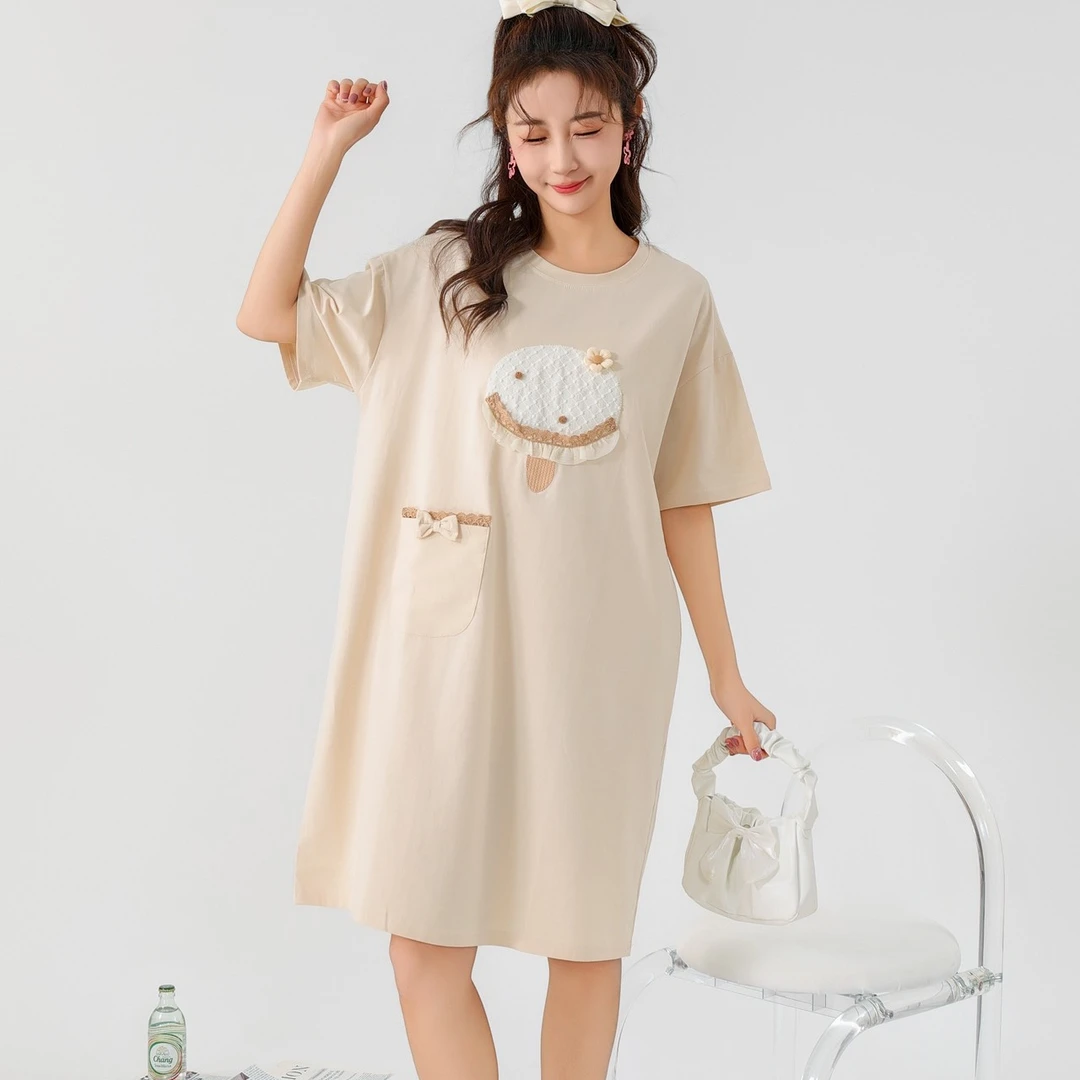 2437夏季可爱短袖睡裙女士家居服舒适柔软圆领连衣裙纯棉薄款宽松