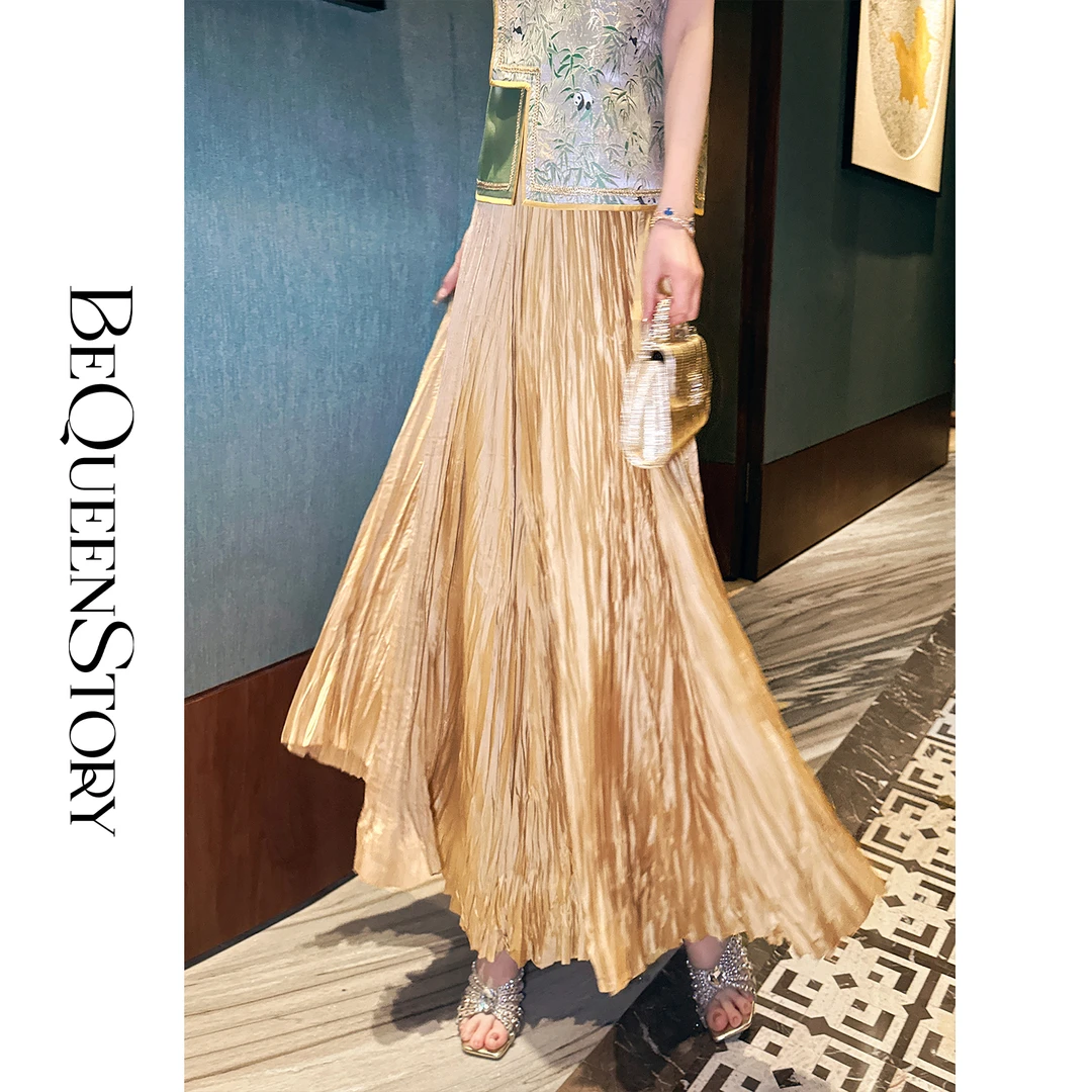 余潇潇【幻彩鎏金】中式飘逸轻奢时尚松紧腰头百褶高腰半身裙