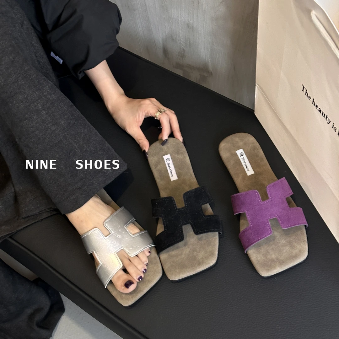 夏季外穿平底低跟纯色防滑耐磨一字拖凉鞋韩版交叉百搭大牌H拖鞋