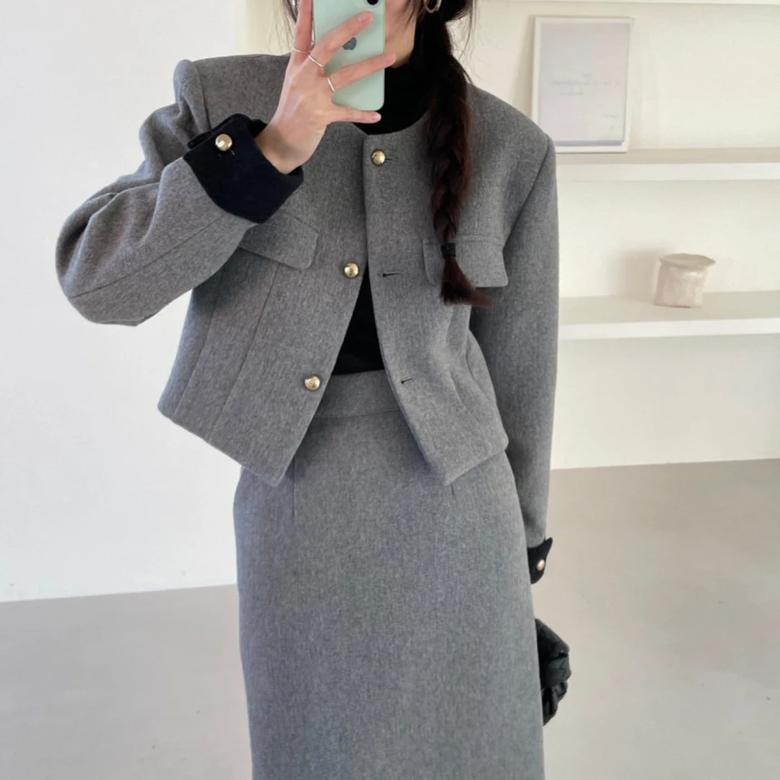 小香风套装2022秋冬宽松短款毛呢外套高瘦半身裙气质两件套