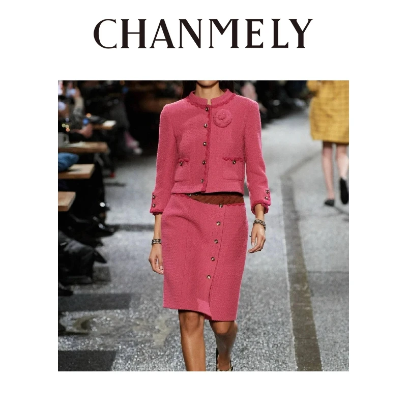【CHANMELY】24/FW香风手工钩织花边定制钻扣玫红短款外套0241156