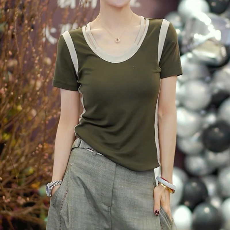 撞色拼接修身显瘦T恤2025夏季新款韩系高级感潮流简约小众上衣潮