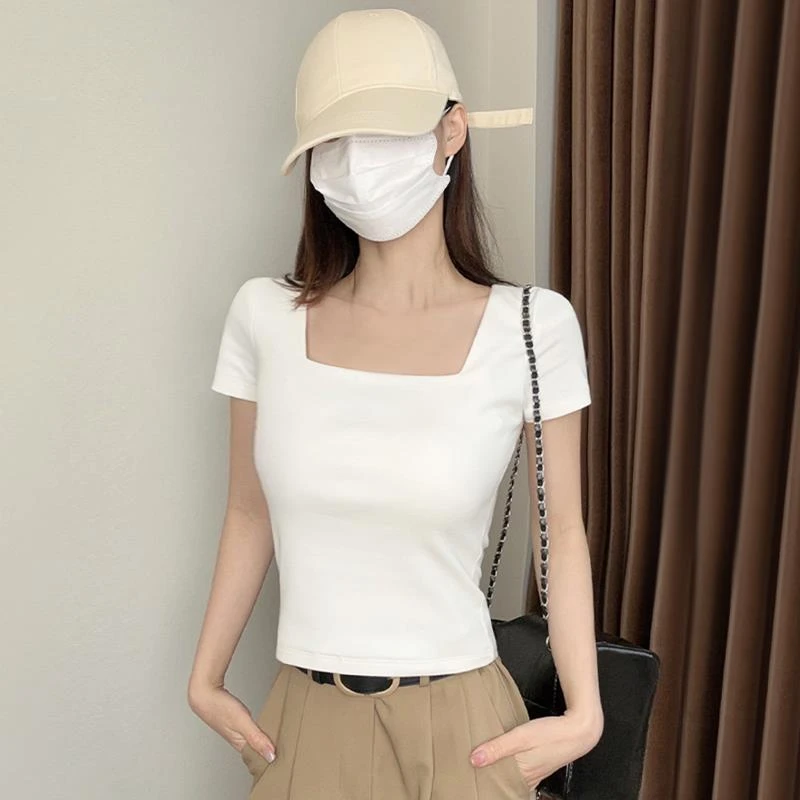 白色方领t恤女短袖正肩夏季2025新款修身半袖打底高级感美式上衣