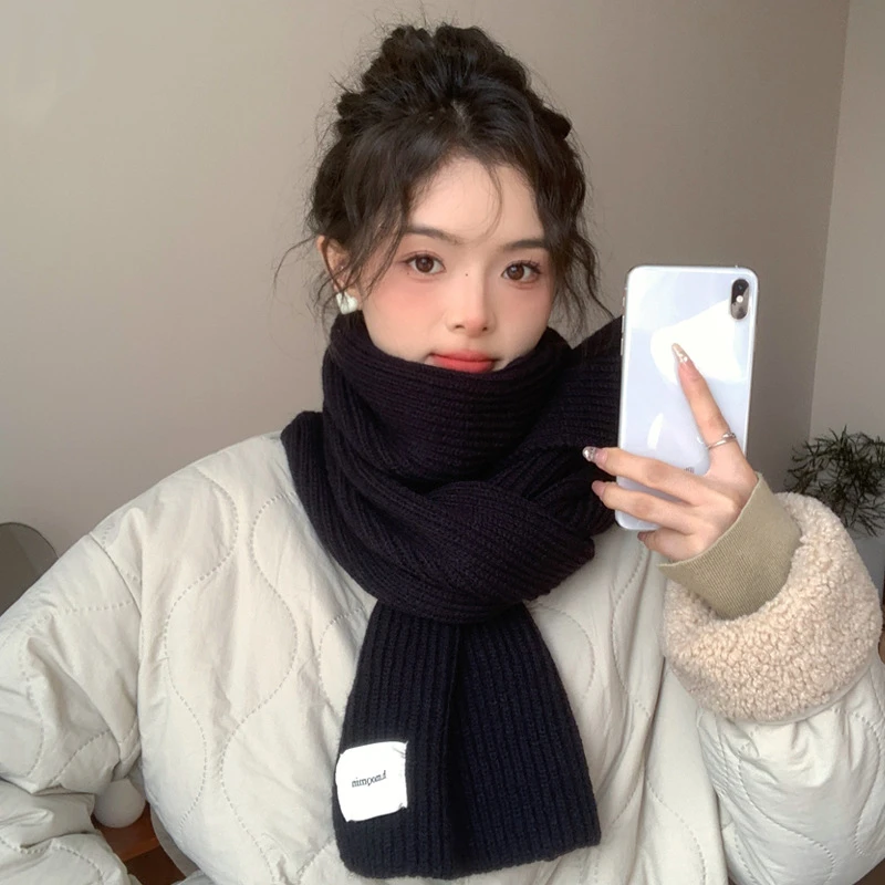毛线围巾女2024新款冬季百搭韩版短围脖纯色保暖针织学院风
