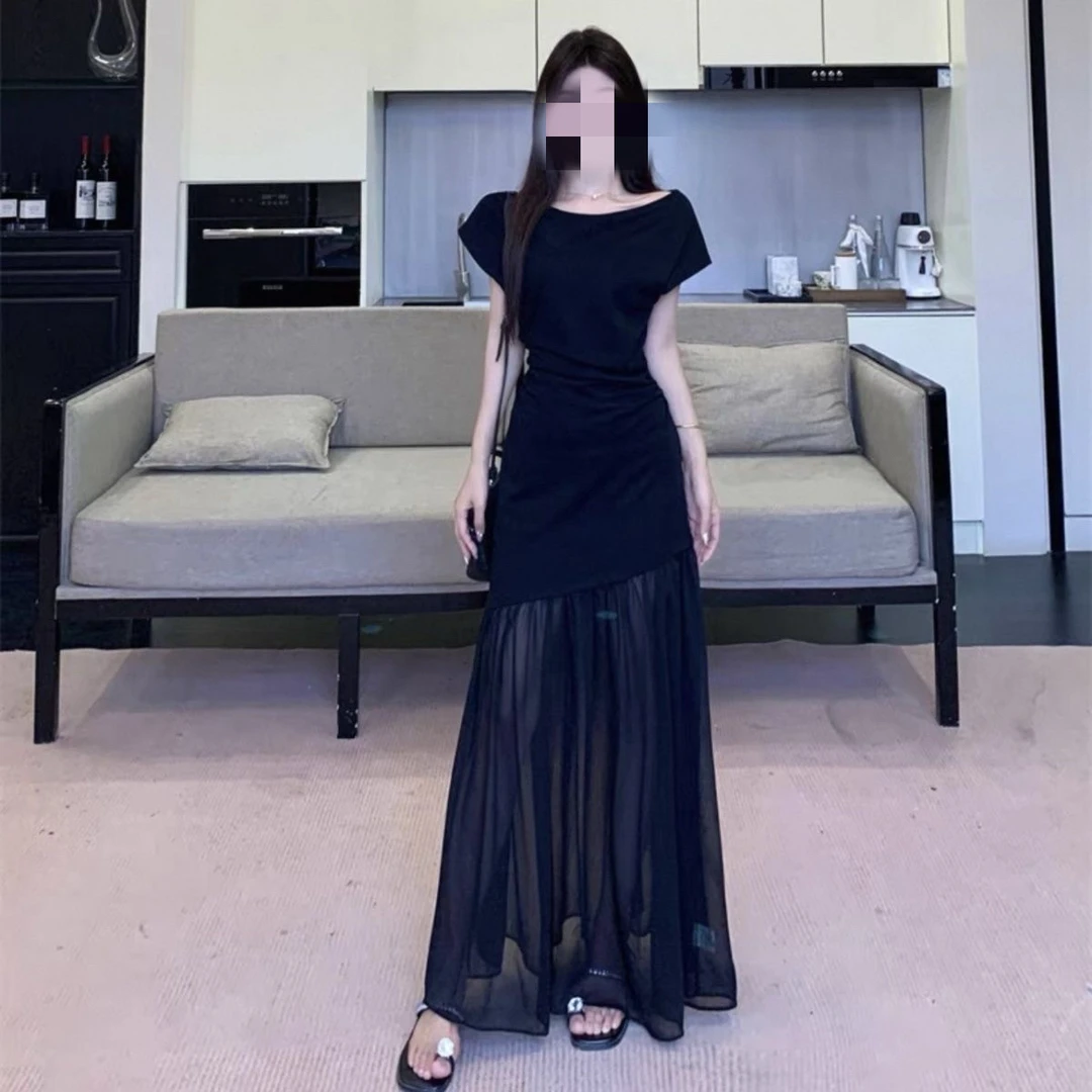 拼接法式斜肩长裙夏季大码连衣裙中长裙城市机能风