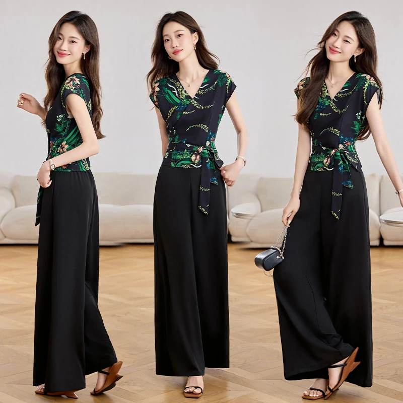 轻熟风印花套装2025夏季新款气质修身高级感垂感阔腿裤职业两件套