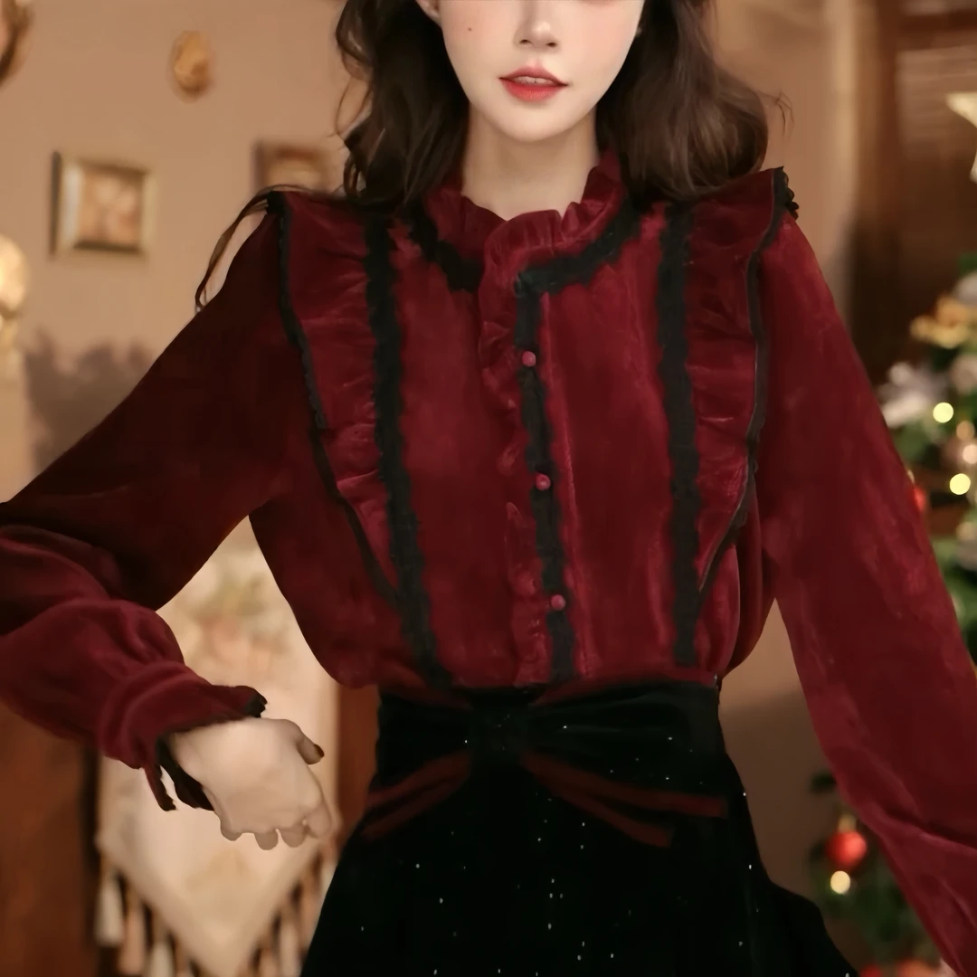 岑岑【冬将雪】港味复古显瘦气质设计感上衣5868时尚法式复古长袖