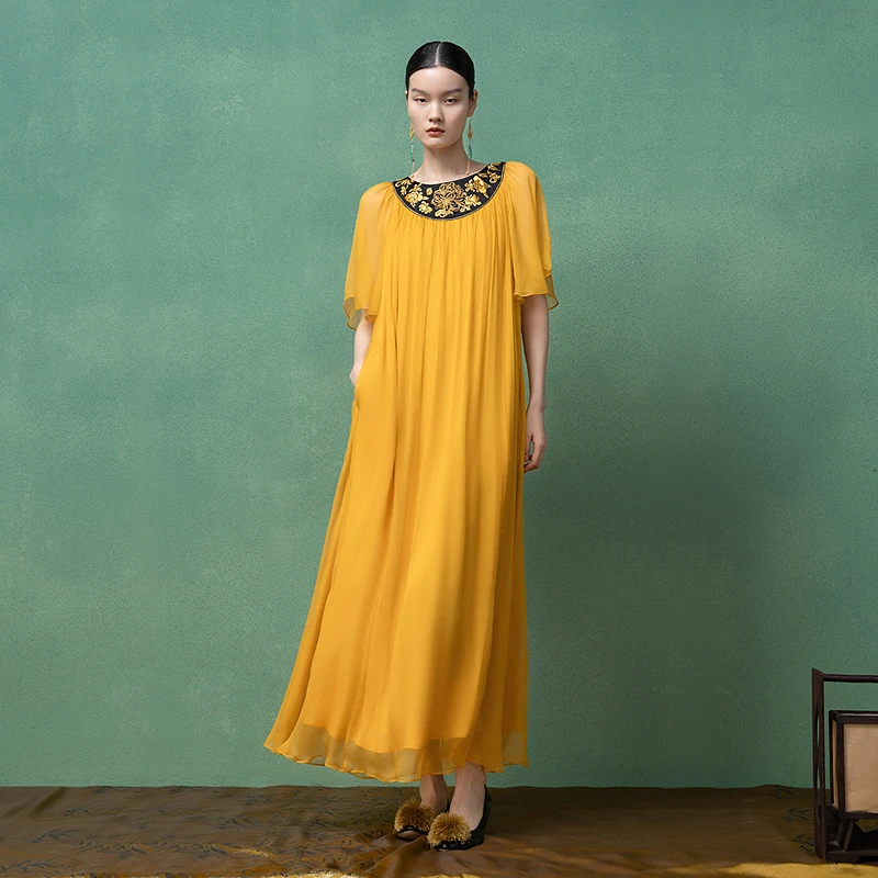 生活在左绣花真丝连衣裙气质新中式宽松显瘦2025夏季新品1952115