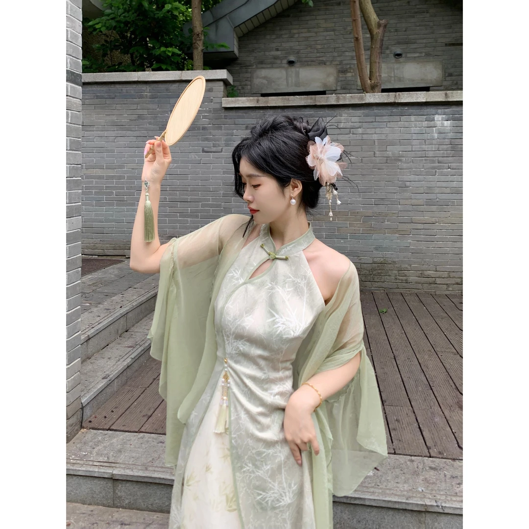 2025新款竹影皓月国风中式夏季提花拼接印花挂脖旗袍连衣群半身群