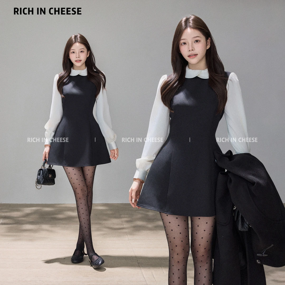 金川川 乖乖千金【少量现货】韩系秋冬高智撞色假两件收腰连衣裙