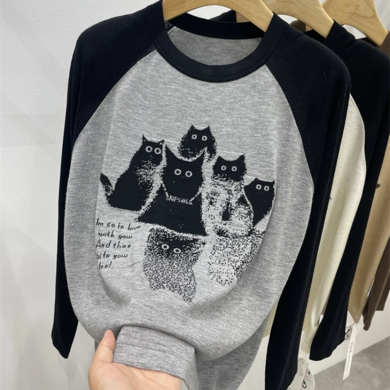 3553早秋新款时尚猫咪插撞色拼接长袖T恤圆领毛衣
