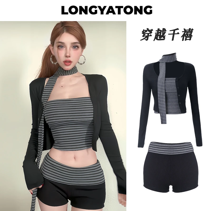 龙牙童推荐【穿越千禧】显瘦法式短裤套装女夏季性感风紧身修身条纹