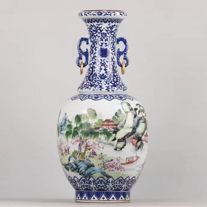 青花粉彩陶瓷双耳赏瓶客厅中式装饰花瓶摆件缠枝缠枝