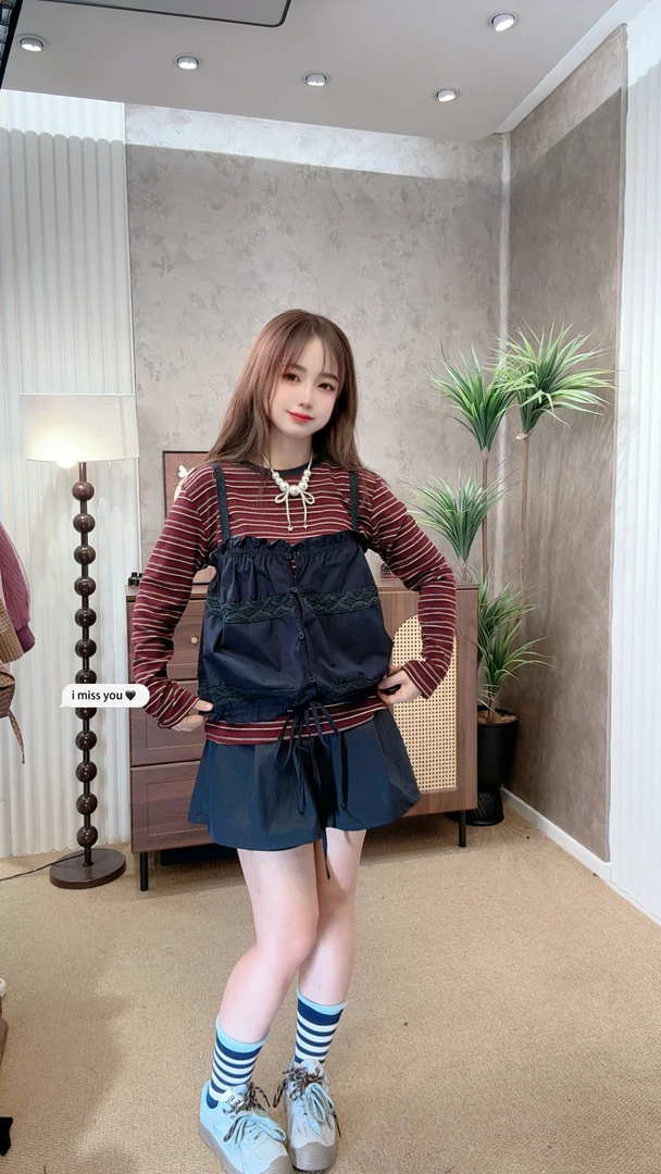 大观欧货秋季新款时尚休闲条纹T恤与吊带真两件上衣百搭气质