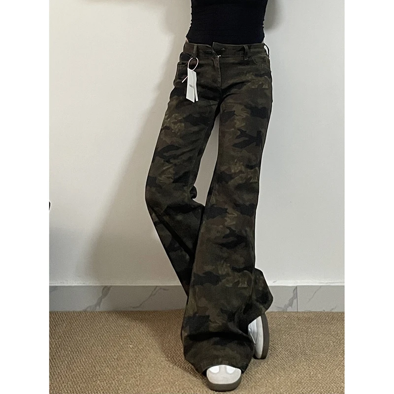 美式辣妹迷彩阔腿牛仔裤女夏季新款低腰修身显瘦直筒拖地微喇叭裤