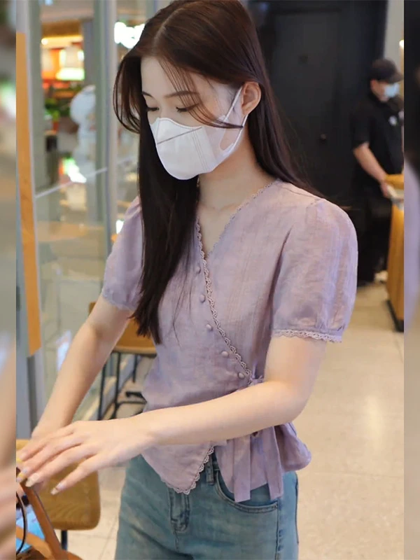 温柔风洋气紫色短袖衬衫女2025夏季新款收腰系带短款上衣气质女装