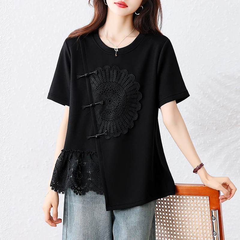 胖妹妹国风复古盘扣不规则蕾丝短袖显瘦上衣大码女装2025夏季宽松