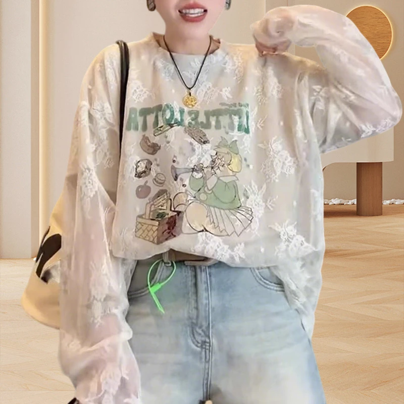 卡通印花蕾丝假两件长袖T恤网红洋气炸街女装宽松显瘦百搭上衣女