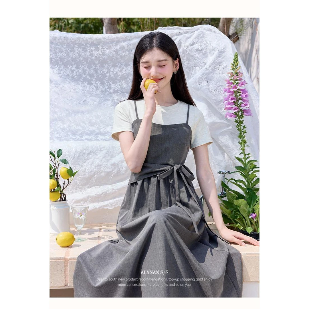 【南法画报】夏季新款法式气质时尚灰色复古优雅显瘦假两件吊带裙女