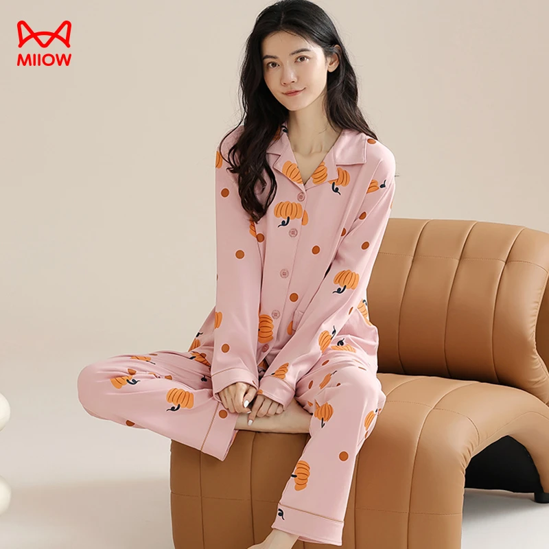 MiiOW/猫人粉色春秋季女士睡衣纯棉开衫翻领休闲宽松可外穿家居服