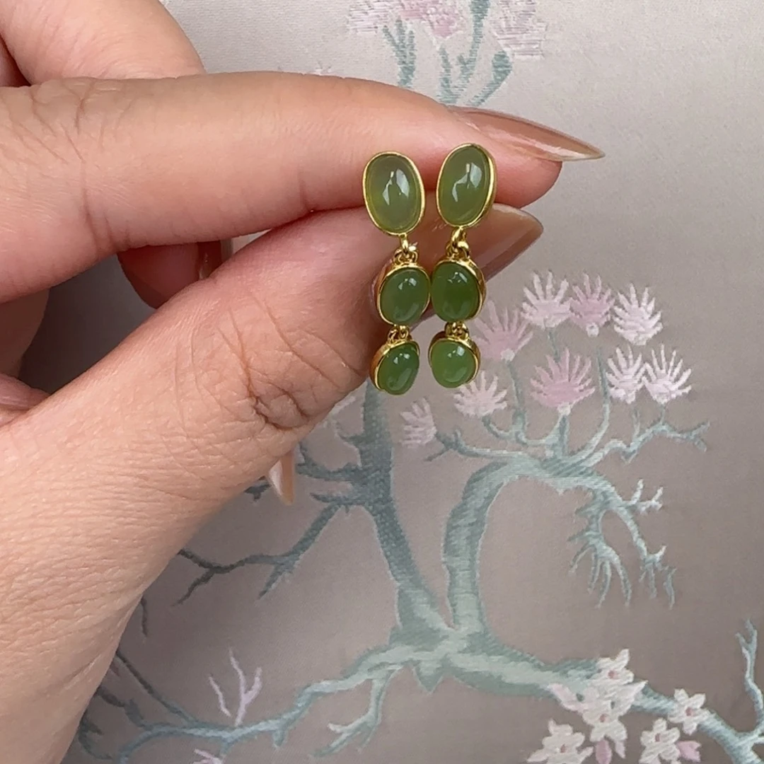 和田玉耳饰银S925镶嵌