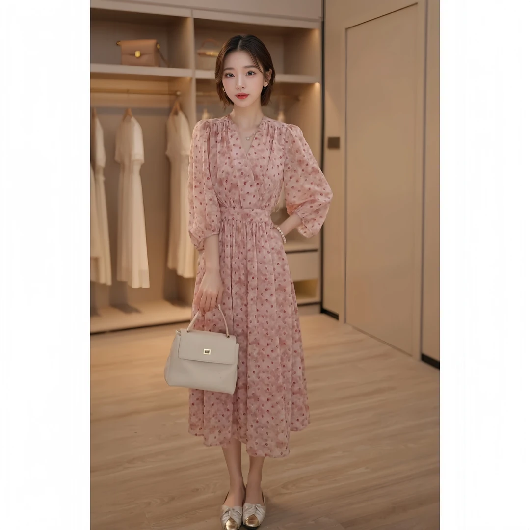 大理邂逅 浪漫波点扎染粉色气质显瘦度假连衣裙中长款