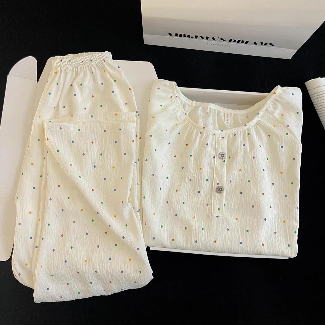 彩虹波点云朵棉睡衣春夏秋季女爆款2025新款家居套装圆领长袖长裤