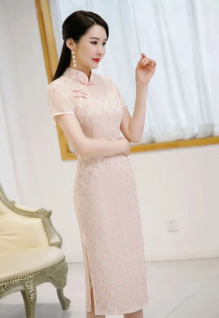 D673夏季蕾丝中长款小枫叶花清新复古改良旗袍