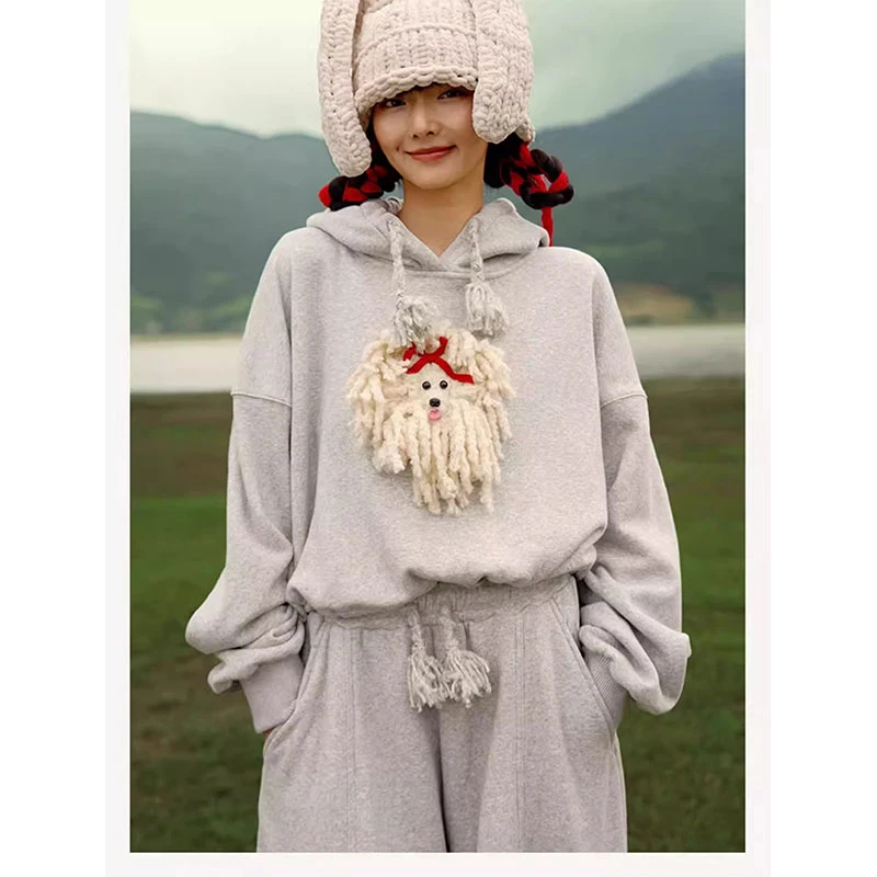 【小毛球】高级感毛毛球波利犬手钩杂花加绒连帽卫衣上衣休闲裤套装
