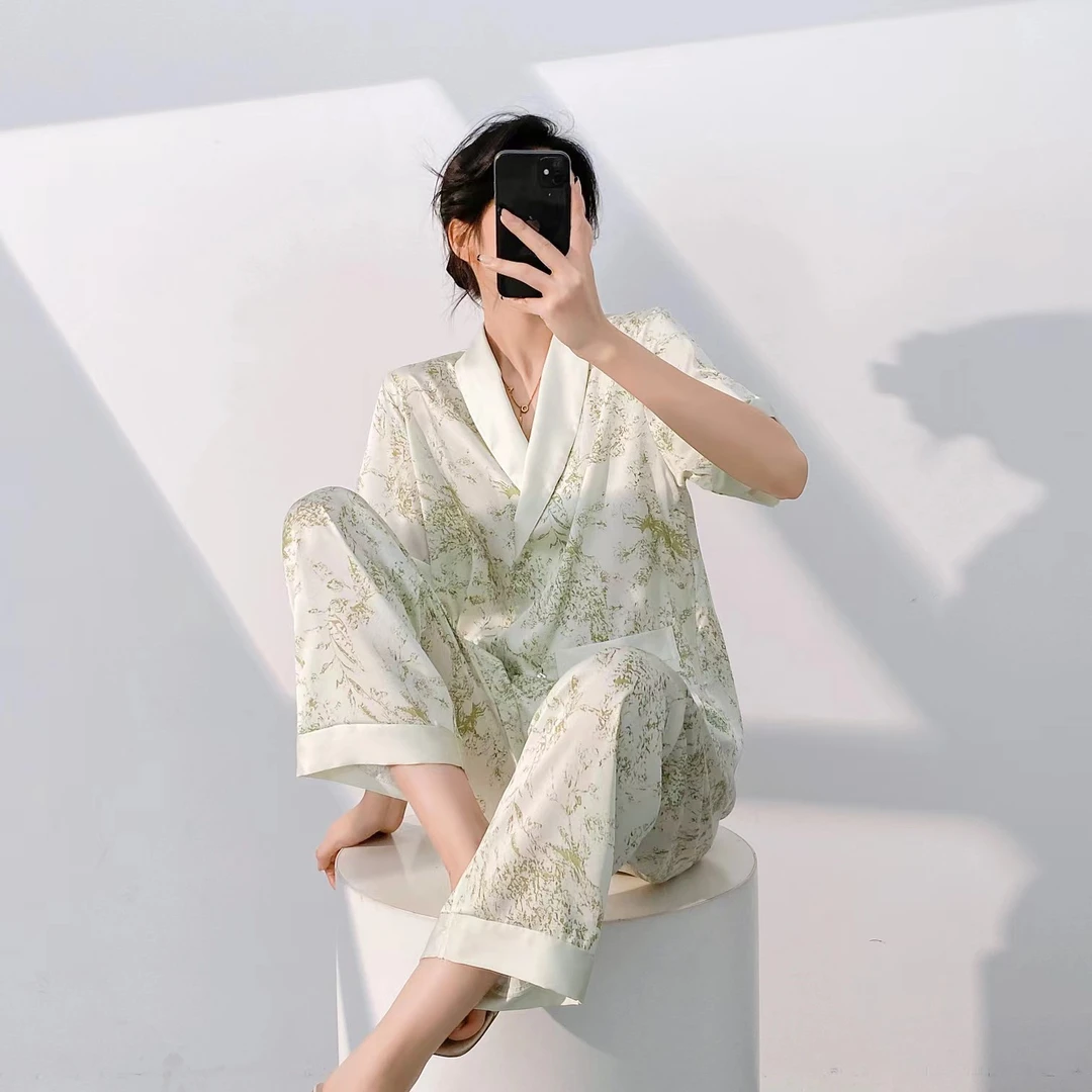 [直播专属】长袖长裤冰丝睡衣夏季女士薄款两件套