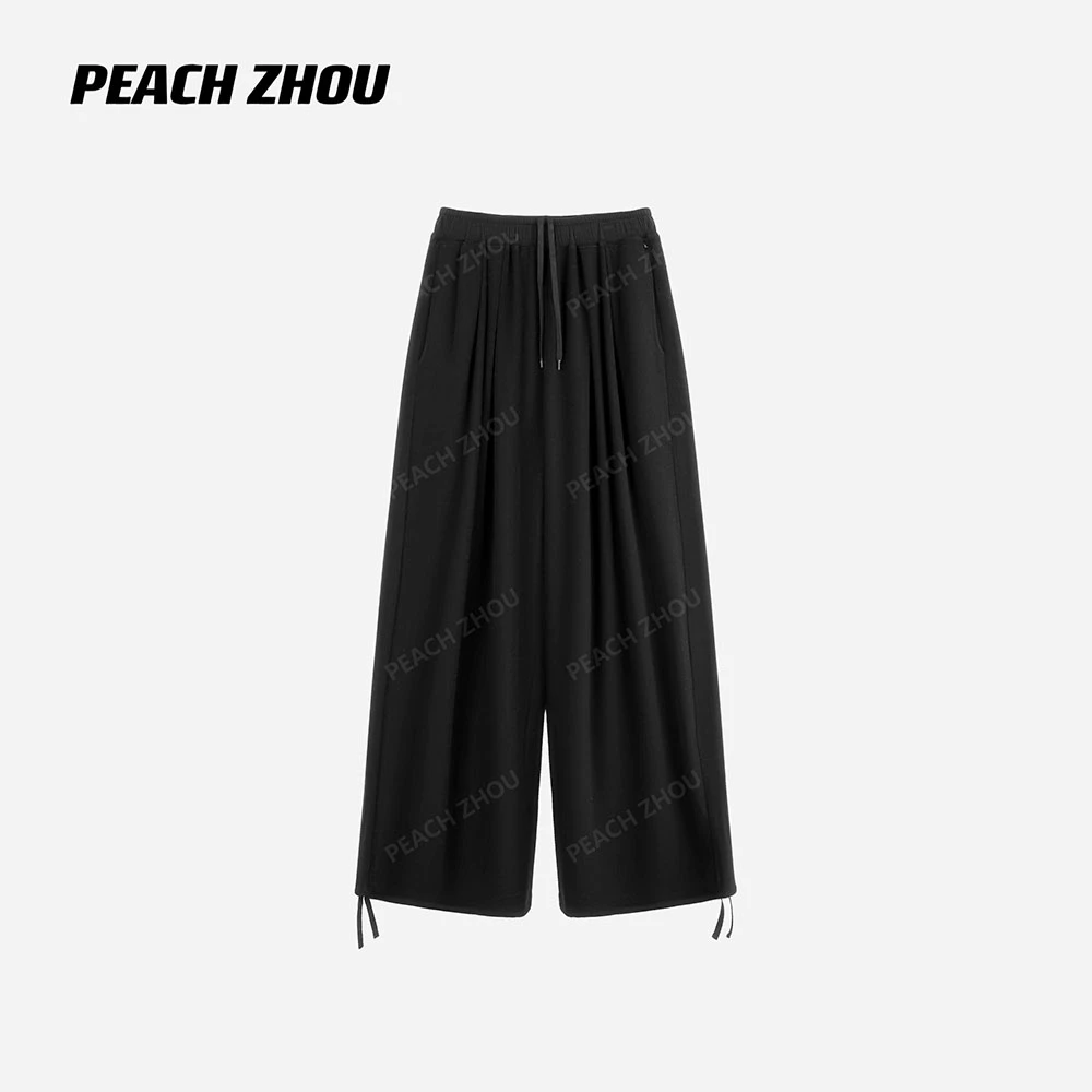 『PEACHZHOU』莱赛尔水洗抽褶可调节抽绳裤脚宽松直筒松紧腰休闲裤