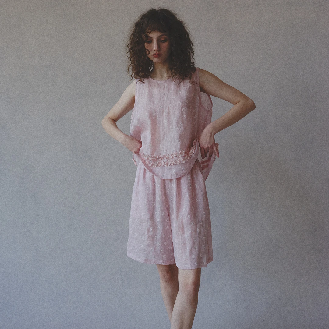 原创樱花粉蝴蝶结100支苎麻纱短袖五分裤睡衣凉爽家居服套装夏季