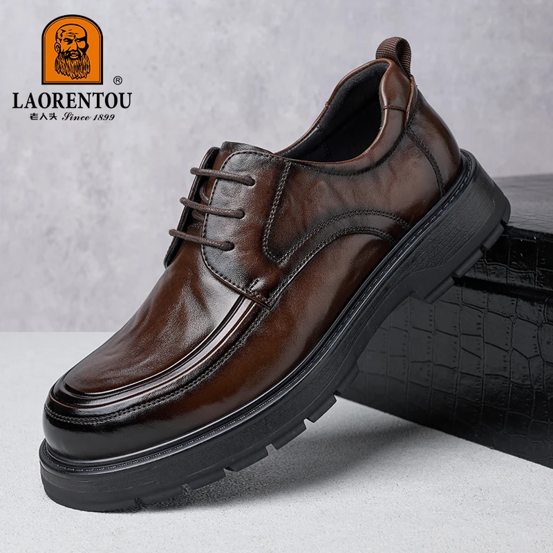 老人头秋季时尚英伦风正装商务休闲轻便休闲皮鞋棕色皮鞋