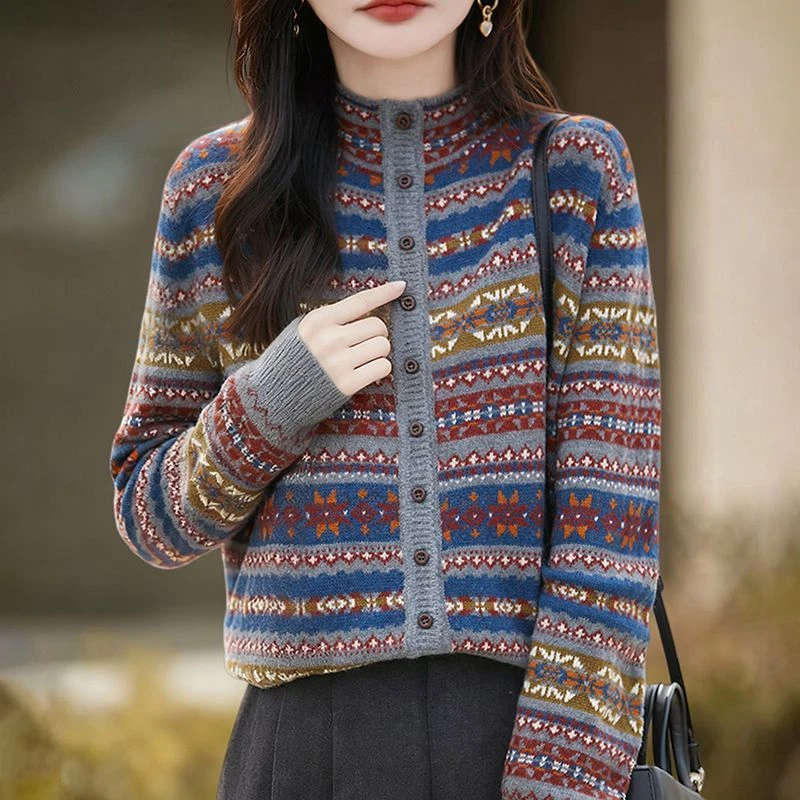 高档半高领复古桑蚕丝针织开衫女2026新款洋气上衣外套秋冬季毛衣