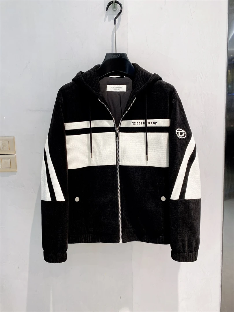 2024秋冬款DOE黑色休闲外套拼接男士时尚百搭修身防风连帽夹克