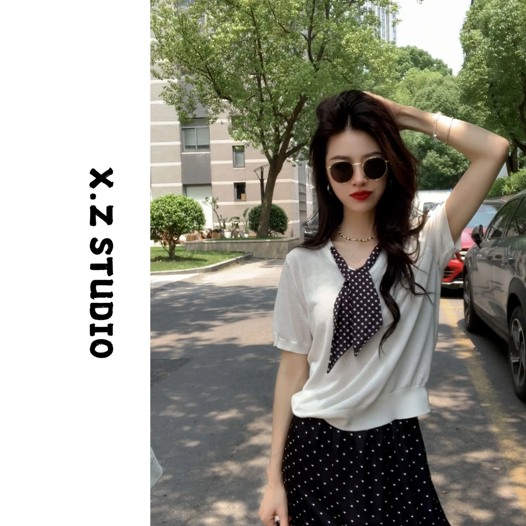 X.ZHEN【设计感波点丝巾短袖针织衫上衣】休闲百搭时尚夏季新款上衣